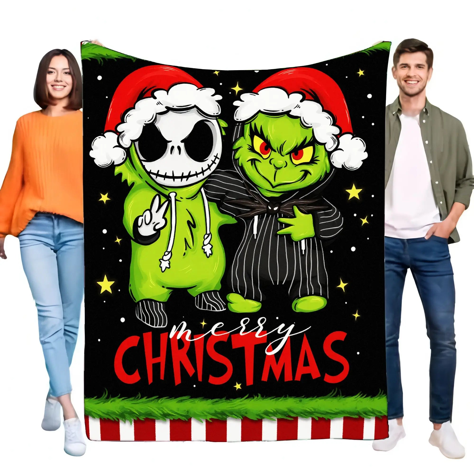 Christmas Themed Blanket Cozy Soft Throw for Home Decor, Featuring Jack Skellington and Grinch, Perfect Gift for Holiday Season,
