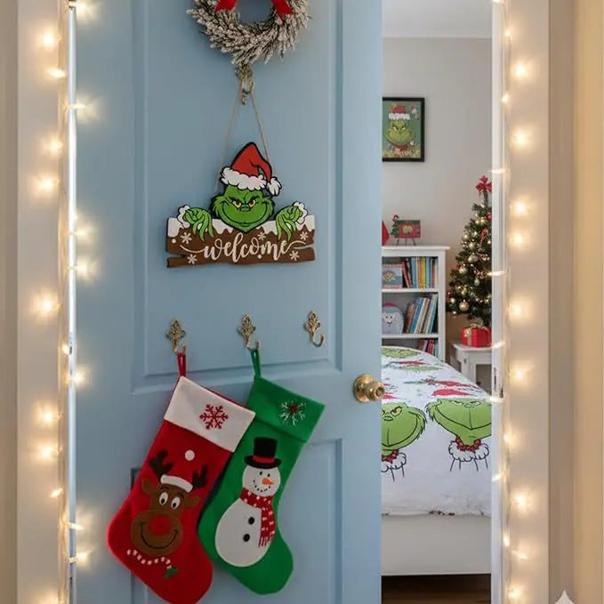 12 Inch-Indoor Grinch Christmas Hanging Decor - Wooden Welcome Sign for Home & Office Festive Holiday Decoration