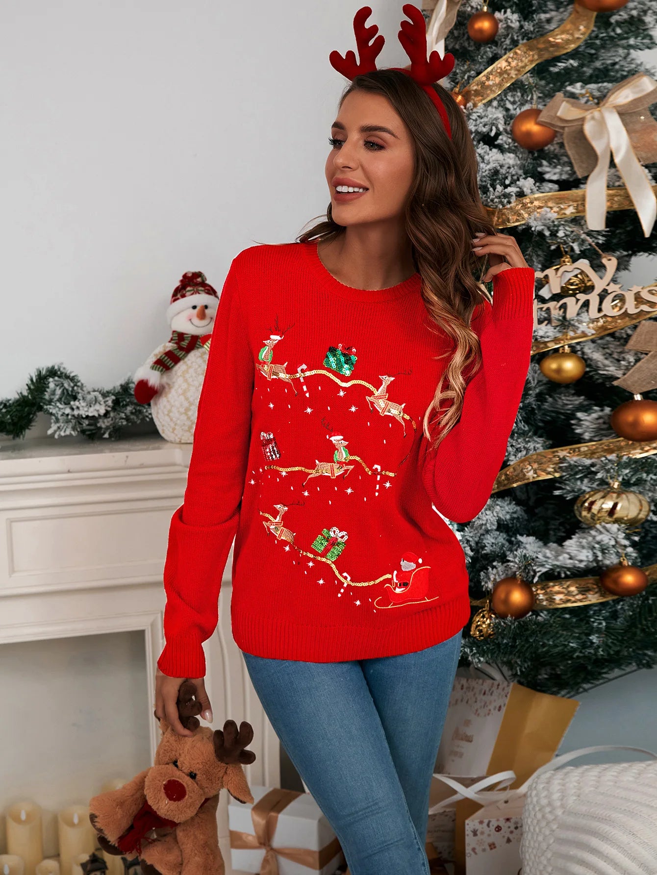 Christmas Knitted Sweaters Women 2025 Autumn/Winter New Collection: Deer Embroidered Sweater Women Вязаный Топ