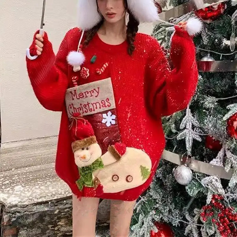 Christmas Sweater Woman Winter Keep Warm Tops Soft Sticky Round Neck Kawaii Student Knitwear Lazy Good-Looking New Year Pullover