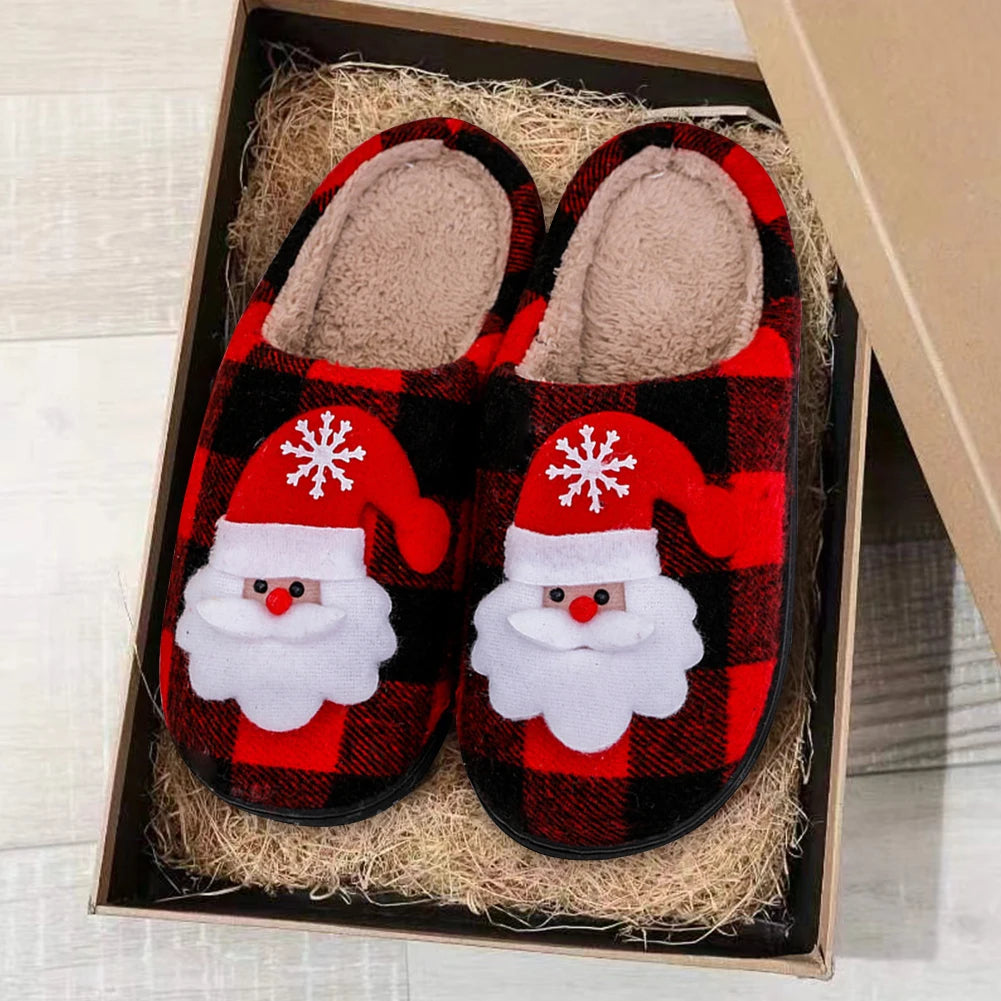 Christmas Furry Slippers Flat Santa Claus Plush Closed Toe Slippers Anti Slip Plush Slip-on House Shoes Plaid Household Supplies