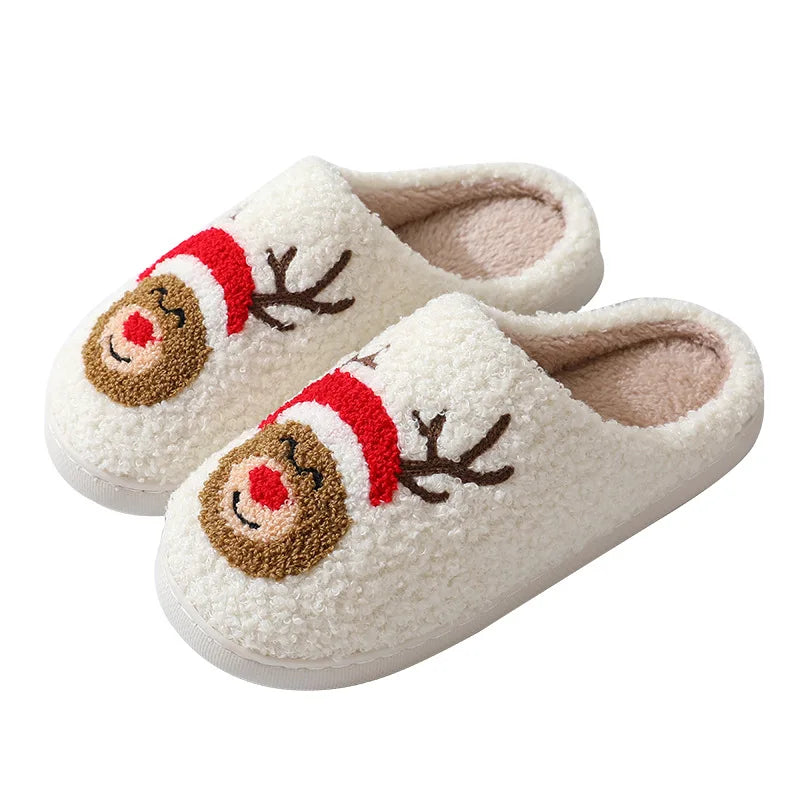 Christmas Women Warm Fashion Slippers Men Cute Santa Claus Embroidery Pattern Slides Couples Furry Sandals Family Plush Shoes