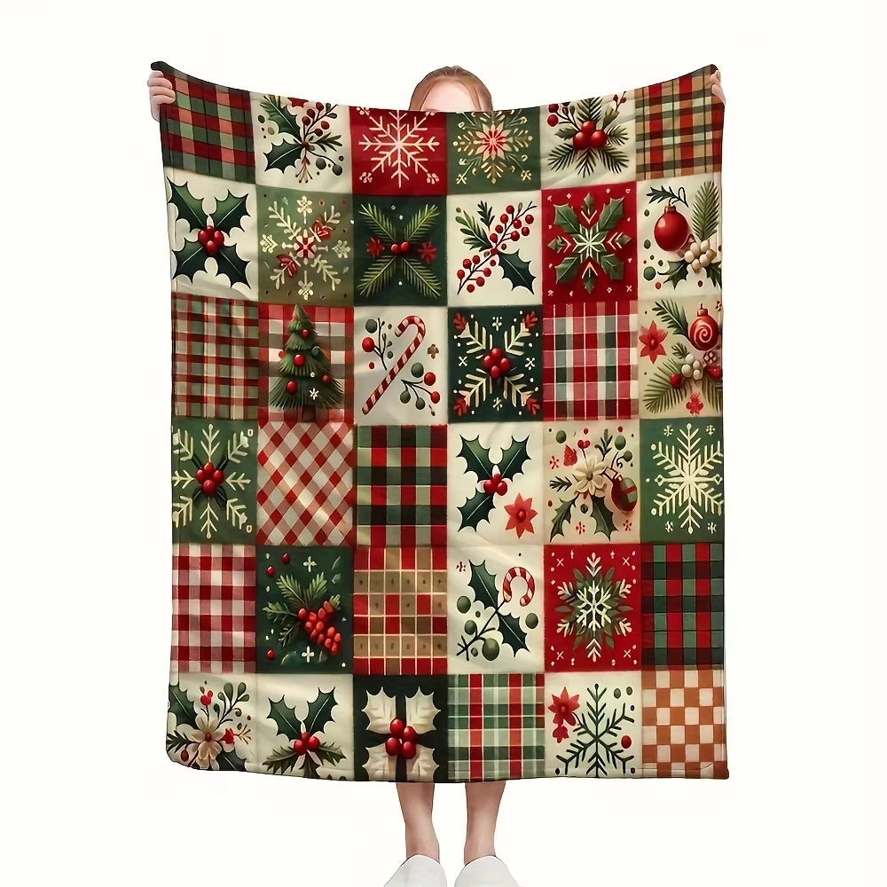 Christmas Blanket with Festive Snowflakes Holly Berries and Plaid Patches Perfect for Living Room Leisure