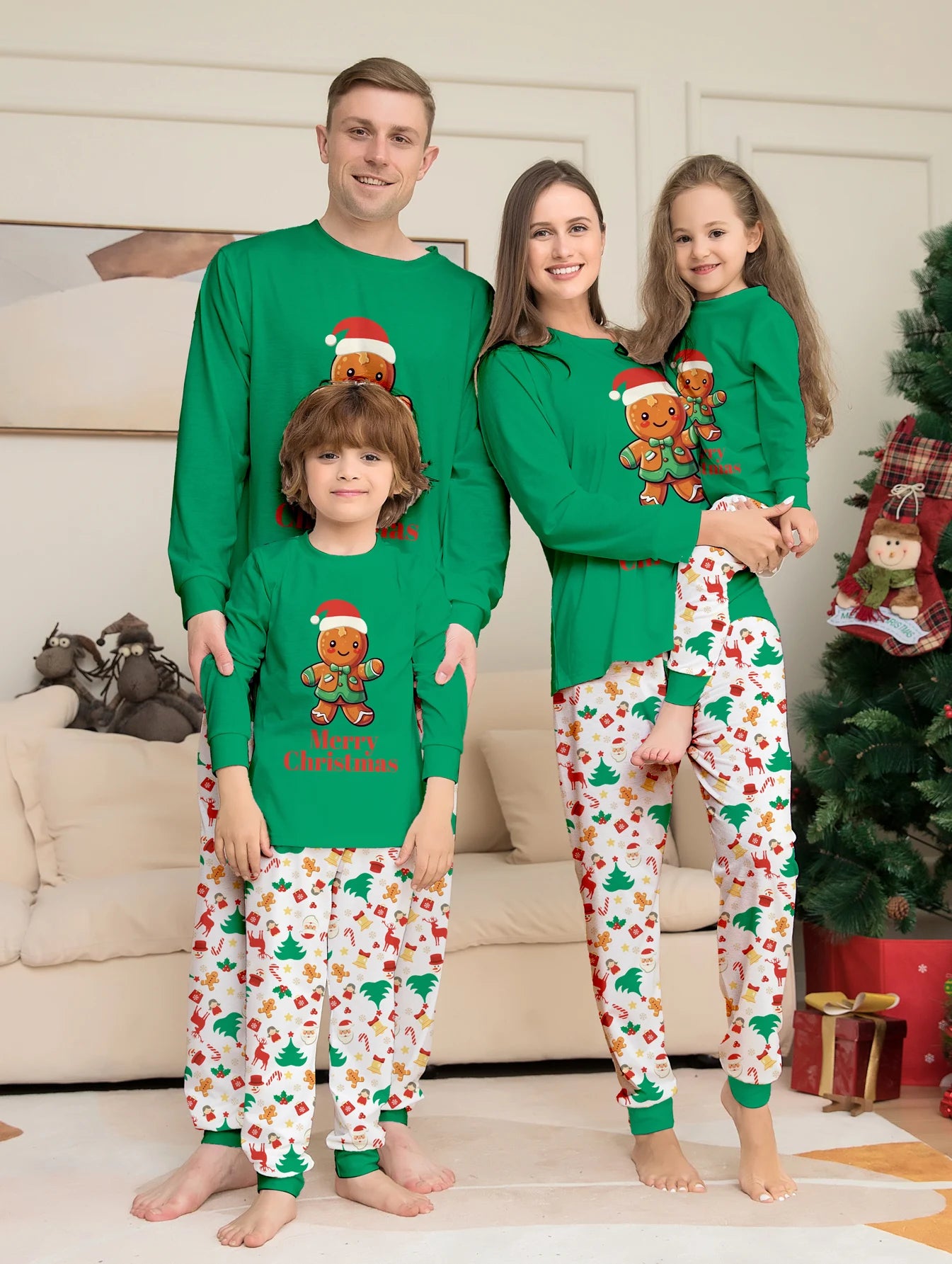 Family Matching Christmas Pajamas Set with Gingerbread Man & Festive Print, Cozy Xmas Loungewear