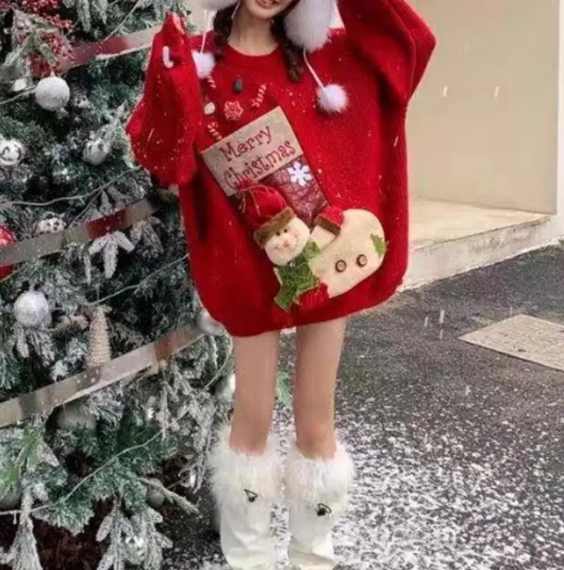 Christmas Sweater Woman Winter Keep Warm Tops Soft Sticky Round Neck Kawaii Student Knitwear Lazy Good-Looking New Year Pullover