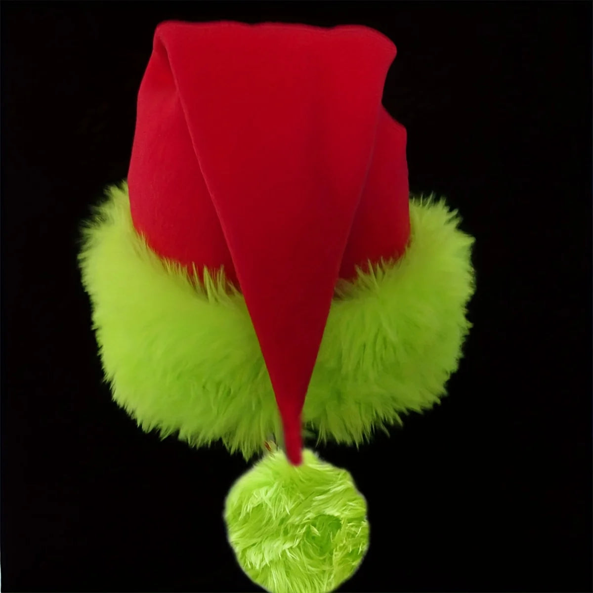 Grinch Christmas Santa Hat, Red & Neon Green Furry Trim Santa Hat, Festive Xmas Party Headwear Accessory for Adults