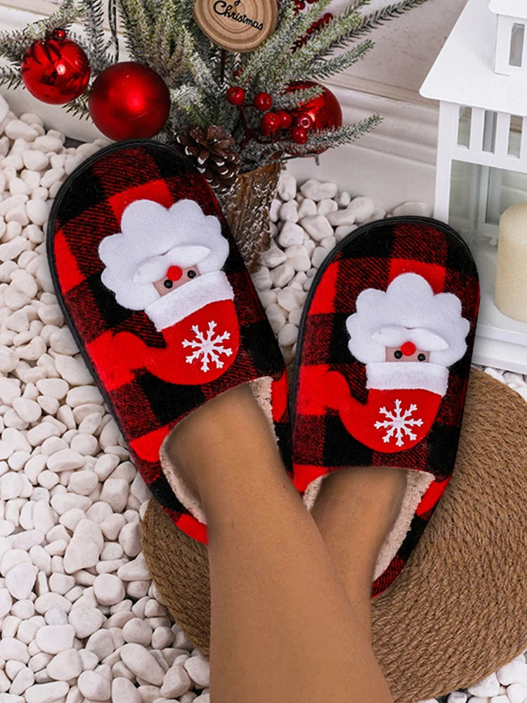 Christmas Furry Slippers Flat Santa Claus Plush Closed Toe Slippers Anti Slip Plush Slip-on House Shoes Plaid Household Supplies