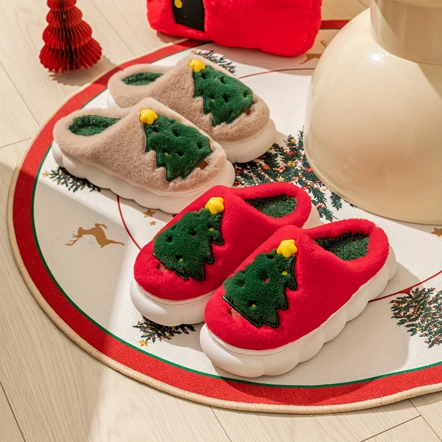 Christmas Tree Fleece Slippers, Cartoon Pattern,Round Toe Design EVA Sole Fabric Lining and Outsole, Easy to Put On and Take Off