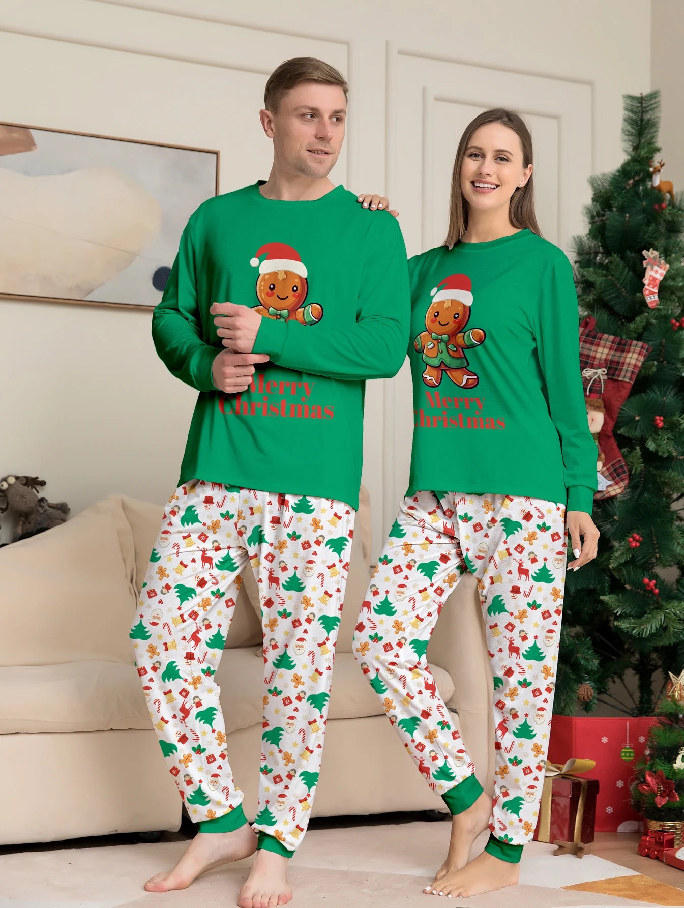 Family Matching Christmas Pajamas Set with Gingerbread Man & Festive Print, Cozy Xmas Loungewear