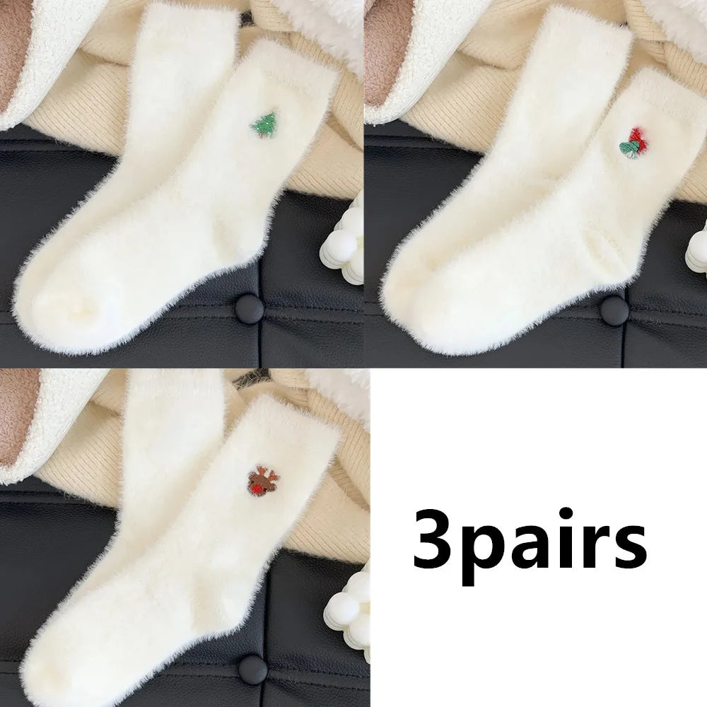 Christmas Stockings - Women's White Fuzzy Embroidered Festive Socks - Warm Thickened Velvet Hand Washable