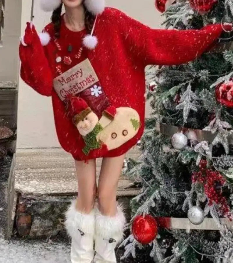 Christmas Sweater Woman Winter Keep Warm Tops Soft Sticky Round Neck Kawaii Student Knitwear Lazy Good-Looking New Year Pullover