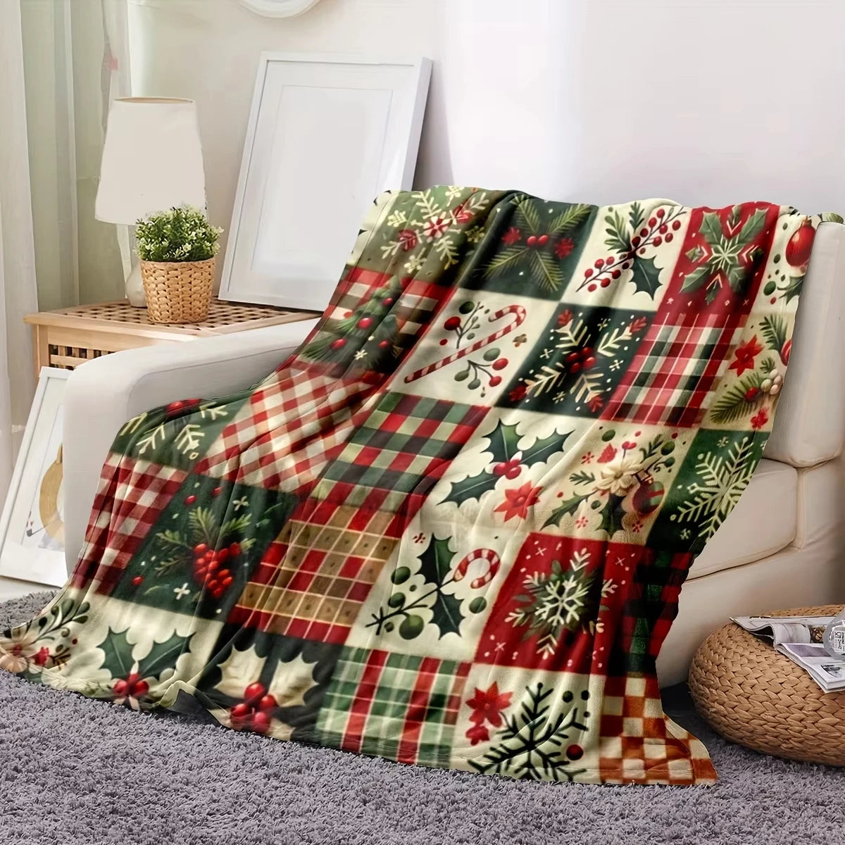 Christmas Blanket with Festive Snowflakes Holly Berries and Plaid Patches Perfect for Living Room Leisure