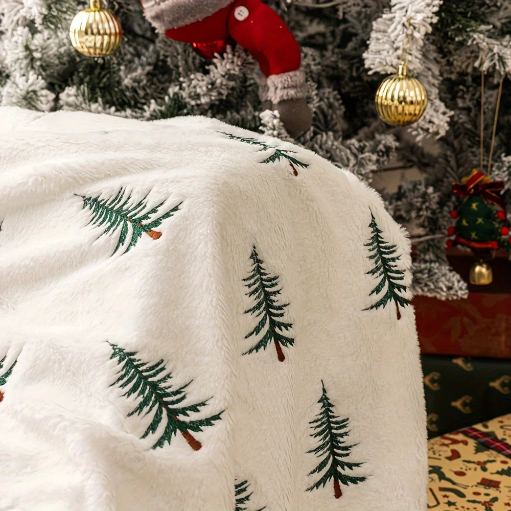 Christmas Blanket White Pine Tree Print Soft Plush Cozy Warm Xmas Design Home Decor Sofa Bed Living Room Festive Winter Gift