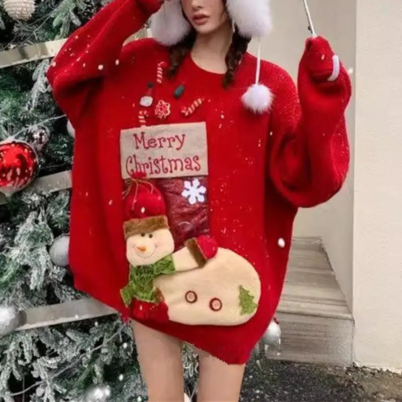 Christmas Sweater Woman Winter Keep Warm Tops Soft Sticky Round Neck Kawaii Student Knitwear Lazy Good-Looking New Year Pullover
