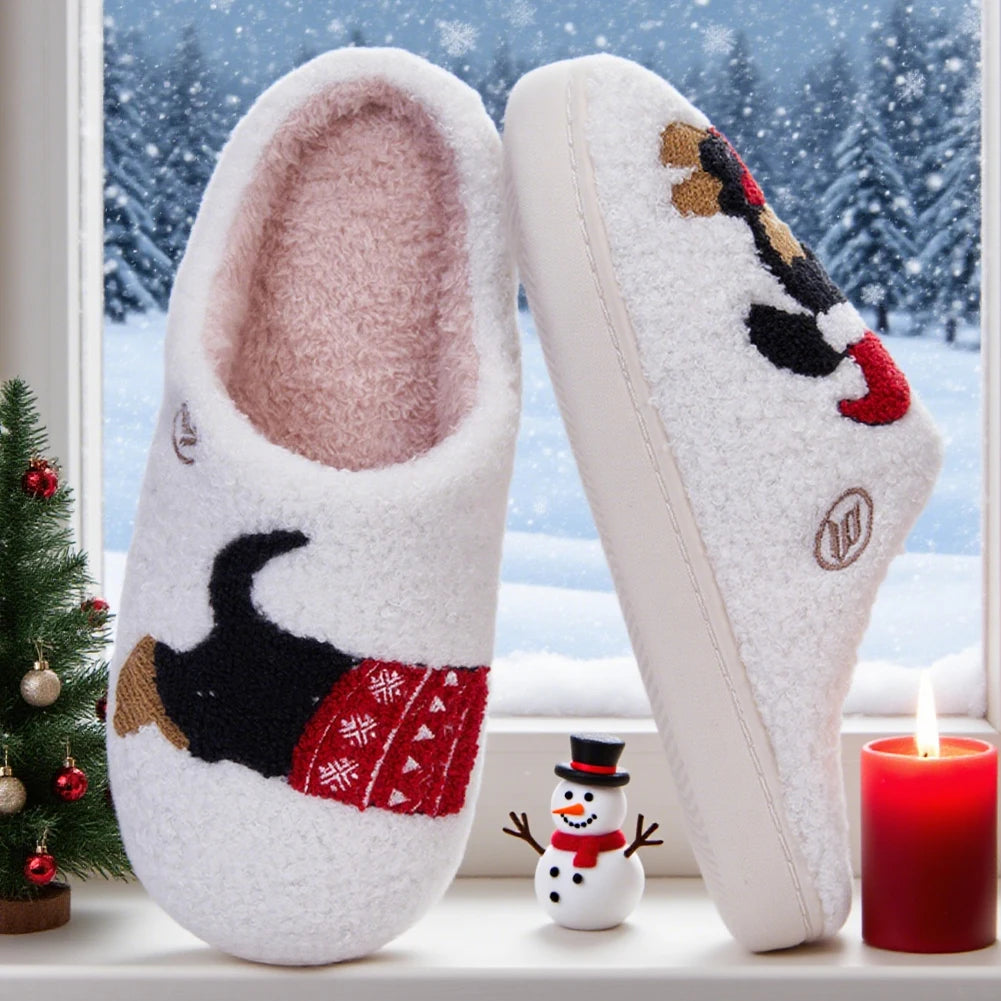 Christmas Women Slippers Cute Dachshund Santa Claus Winter Warm Slides Couple House Shoes Bedroom Anti Slip Flat Sole Slippers