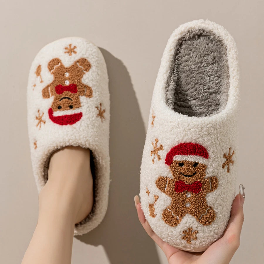 Christmas Slippers Winter Women's Warm Cute Pattern Indoor Soft Sole Comfortable Bedroom Casual Gingerbread Gift House Shoes
