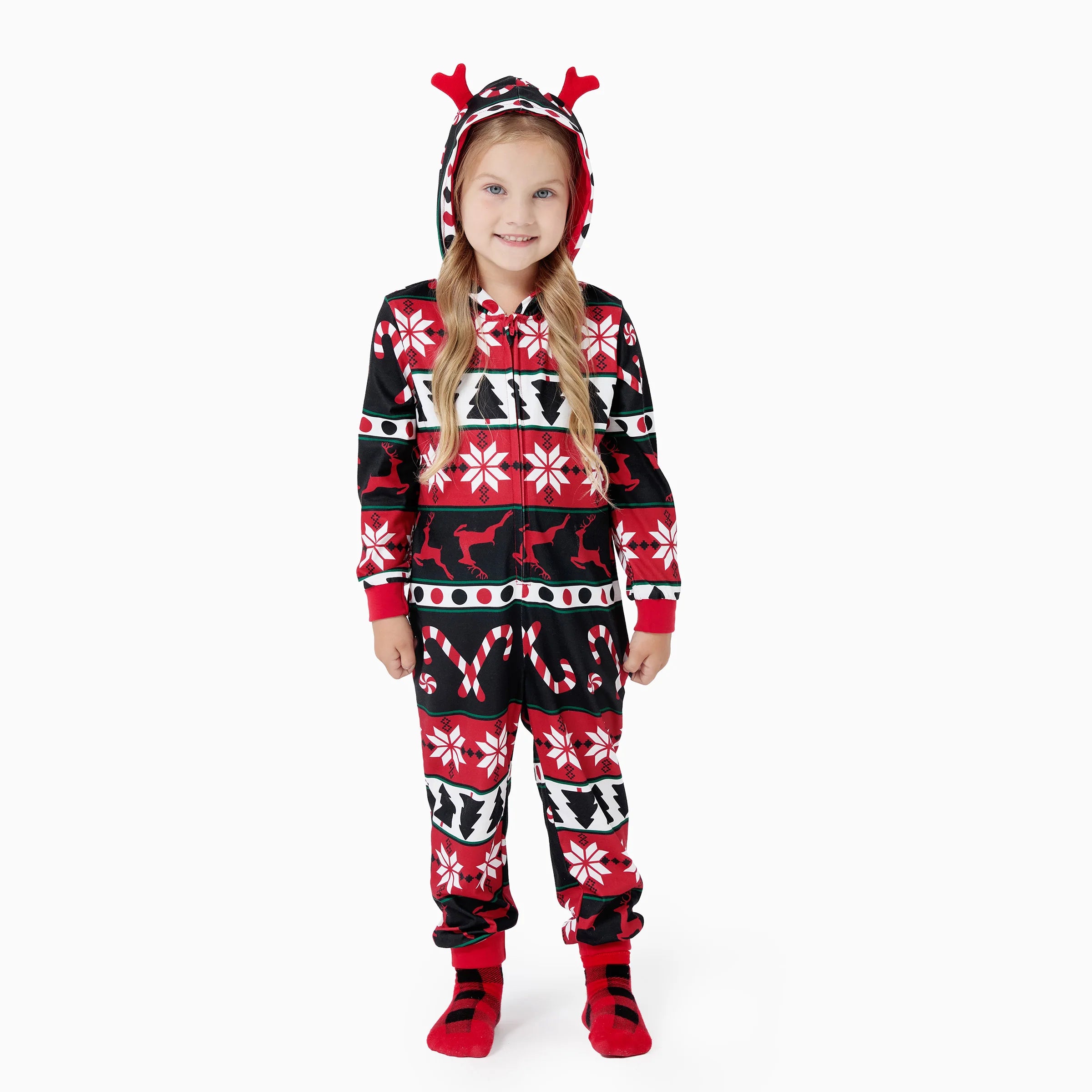 PatPat Christmas Pajamas 3D Reindeer Pattern Zipper Hooded Onesies Matching Family Outfits