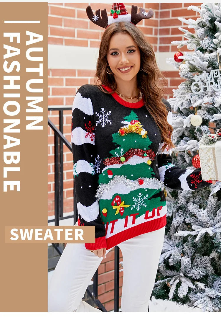 2025 Christmas Sweater Women Men, Xmas Tree Embroidery Knit Sweater, Casual Holiday Party Pullover, Funny Xmas Gift