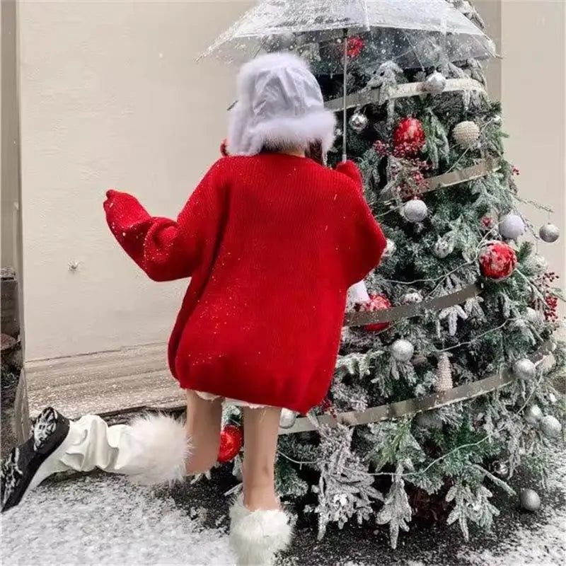 Christmas Sweater Woman Winter Keep Warm Tops Soft Sticky Round Neck Kawaii Student Knitwear Lazy Good-Looking New Year Pullover