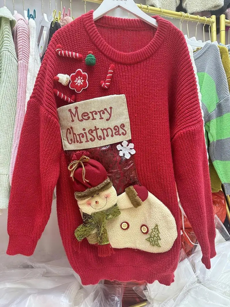 Christmas Sweater Woman Winter Keep Warm Tops Soft Sticky Round Neck Kawaii Student Knitwear Lazy Good-Looking New Year Pullover