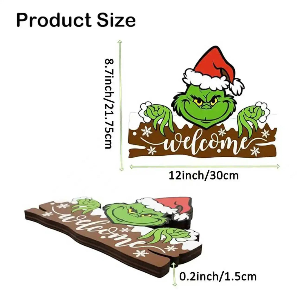 12 Inch-Indoor Grinch Christmas Hanging Decor - Wooden Welcome Sign for Home & Office Festive Holiday Decoration