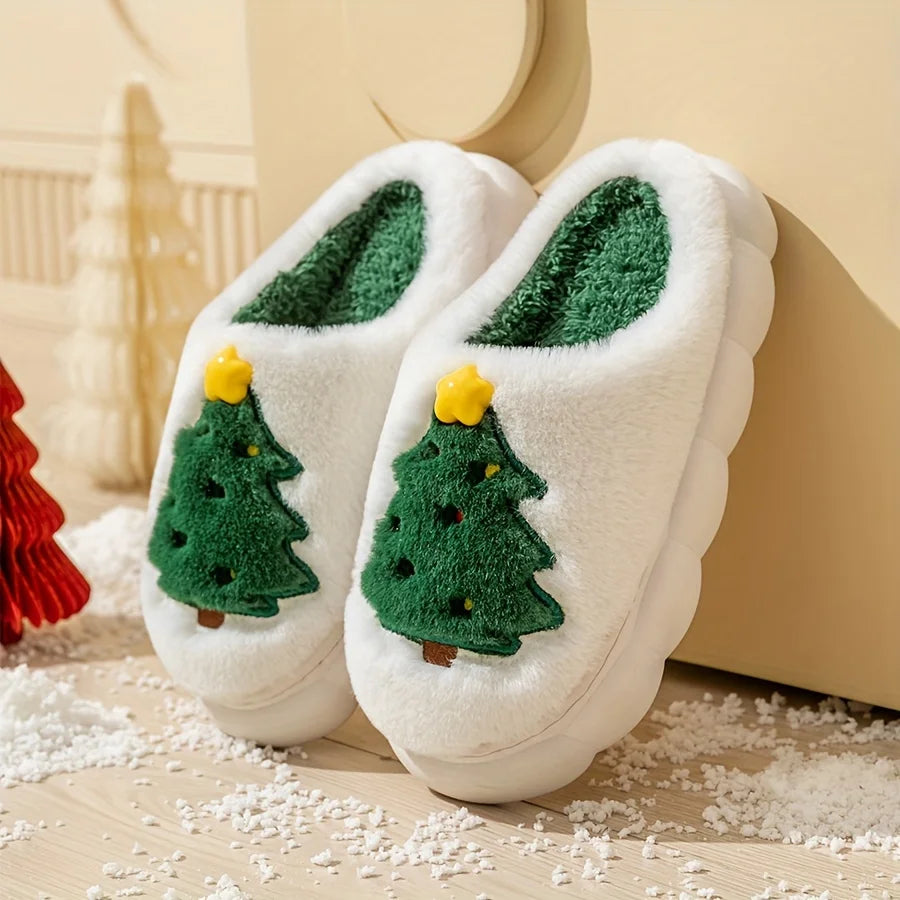 Christmas Tree Fleece Slippers, Cartoon Pattern,Round Toe Design EVA Sole Fabric Lining and Outsole, Easy to Put On and Take Off
