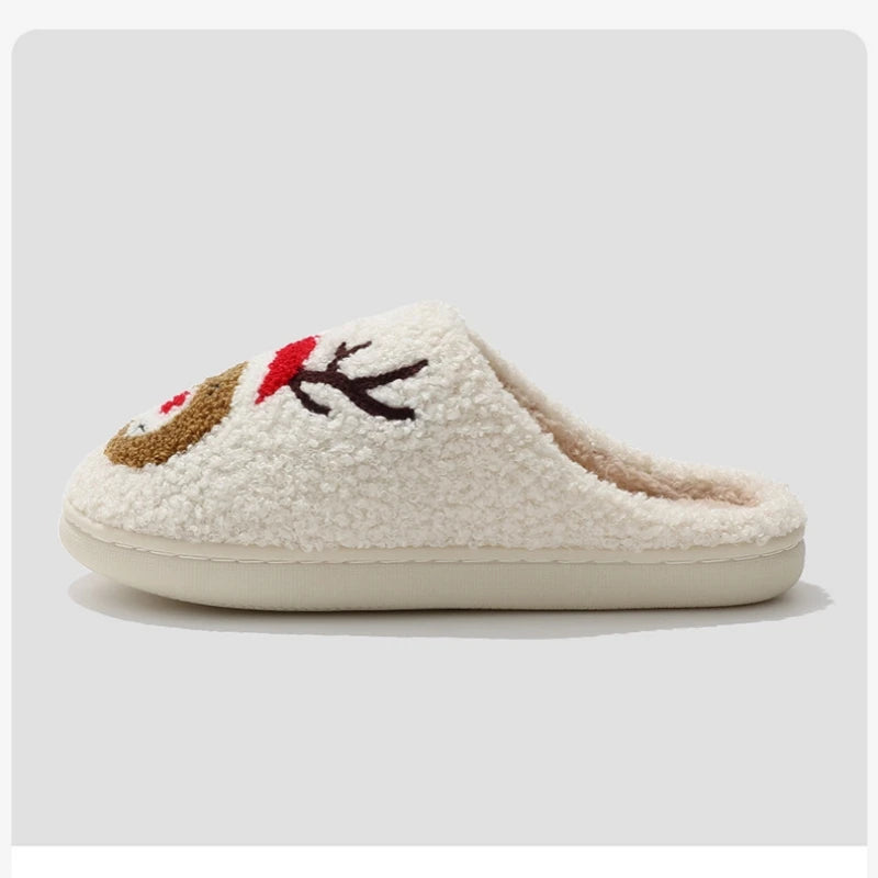 Christmas Women Warm Fashion Slippers Men Cute Santa Claus Embroidery Pattern Slides Couples Furry Sandals Family Plush Shoes