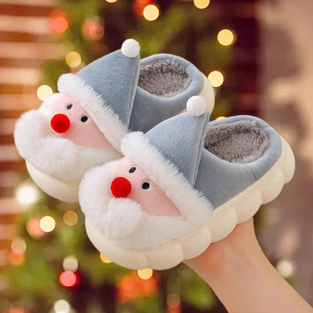 Christmas Santa Claus Slippers for Kids Warm Slip-on House Shoes Anti Slip Plush Santa Slippers Breathable Soft Cartoon Slippers