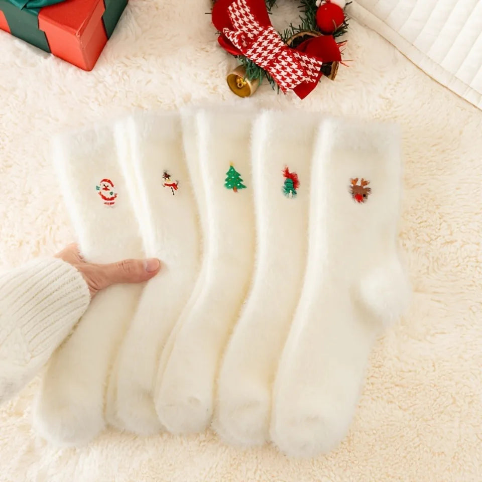 Christmas Stockings - Women's White Fuzzy Embroidered Festive Socks - Warm Thickened Velvet Hand Washable