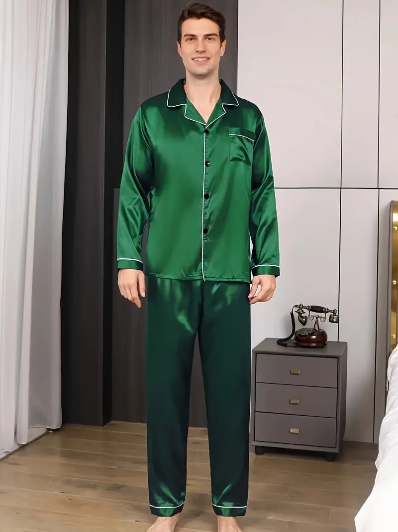 Men's Satin Pajama Set Linter Lapel Collar Long Sleeve Tops & Pants Sleepwear Button Down Loungewear Christmas Pyjama For Man