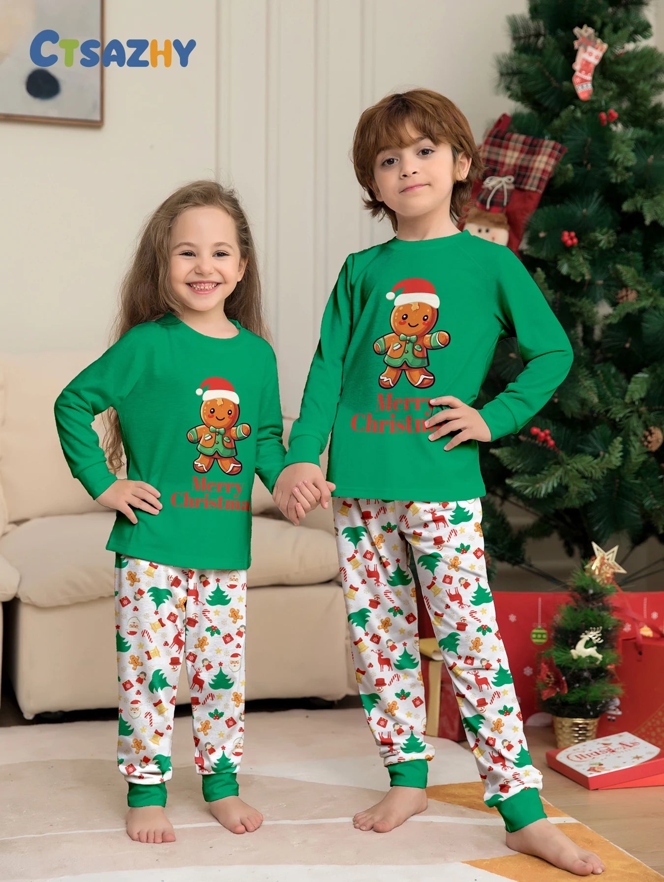 Family Matching Christmas Pajamas Set with Gingerbread Man & Festive Print, Cozy Xmas Loungewear