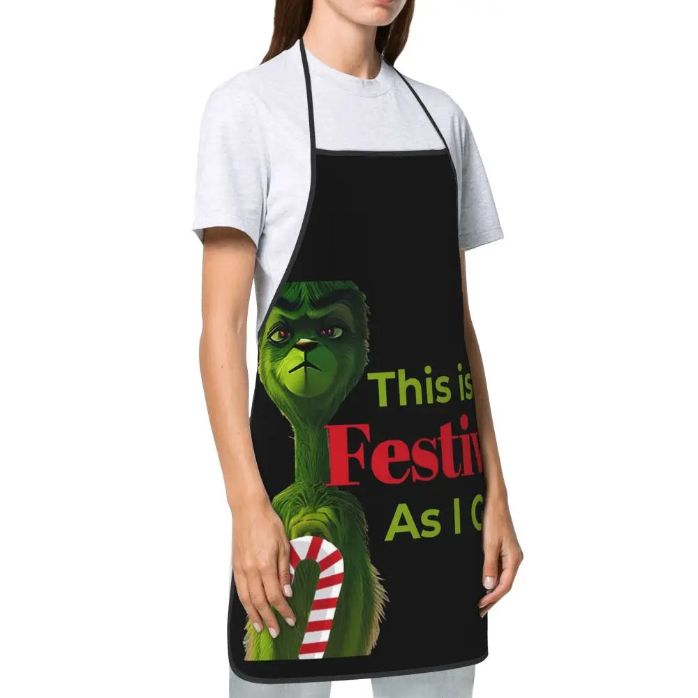 Christmas Grinch - This Is As Festive As I Get Apron Chef Cooking Cuisine Tablier Waterproof Bib Kitchen Cleaning Pinafore