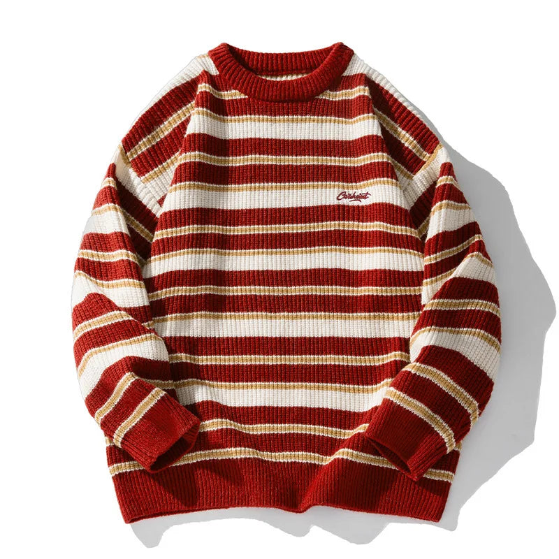 2025 New Christmas Sweater Men Women Striped Heavyweight Chunky Knitted Pullover Vintage Color Block Crewneck Couple Sweater