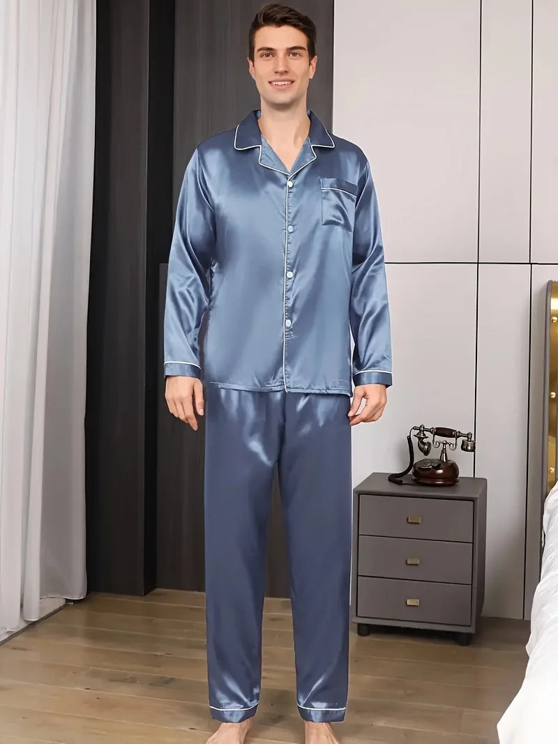 Men's Satin Pajama Set Linter Lapel Collar Long Sleeve Tops & Pants Sleepwear Button Down Loungewear Christmas Pyjama For Man