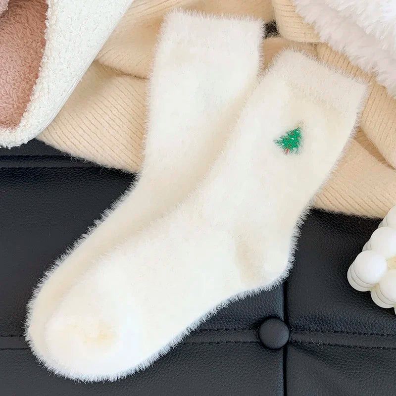 Christmas Stockings - Women's White Fuzzy Embroidered Festive Socks - Warm Thickened Velvet Hand Washable