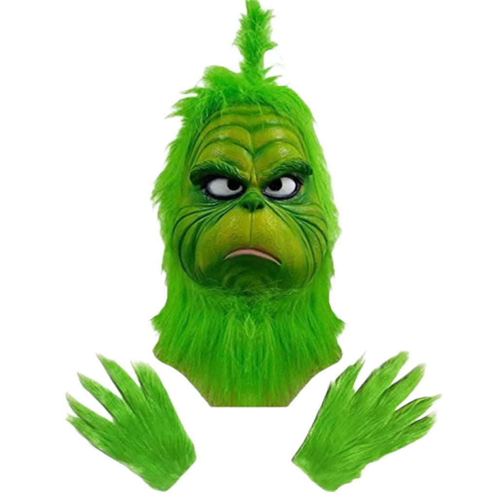Latex Grinch Mask Christmas New Green Monster Mask Cartoon Costume Christmas Internet Celebrity Green Long Hair Grinch Mask Hat