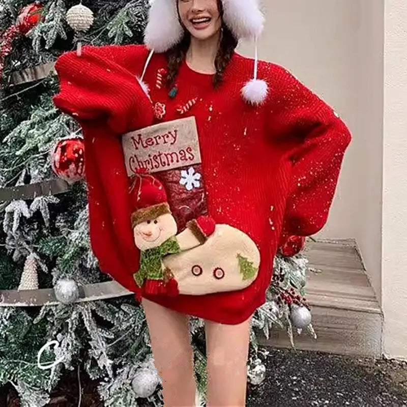 Christmas Sweater Woman Winter Keep Warm Tops Soft Sticky Round Neck Kawaii Student Knitwear Lazy Good-Looking New Year Pullover