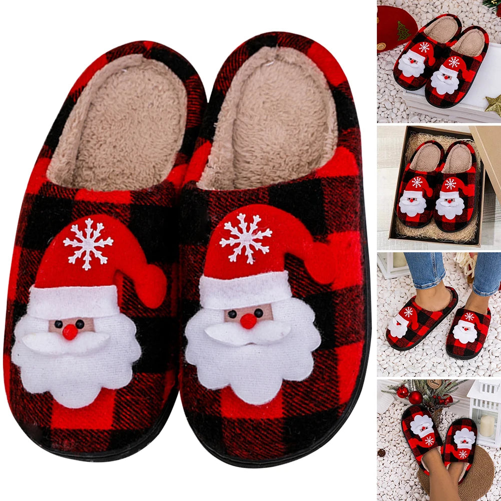 Christmas Furry Slippers Flat Santa Claus Plush Closed Toe Slippers Anti Slip Plush Slip-on House Shoes Plaid Household Supplies