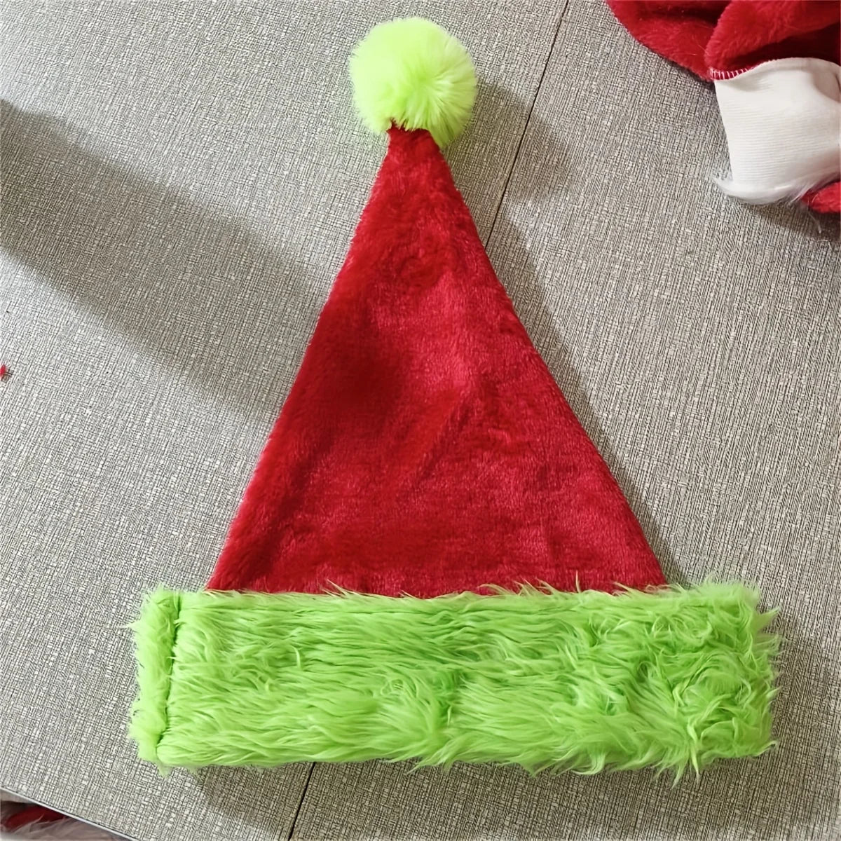 Grinch Christmas Santa Hat, Red & Neon Green Furry Trim Santa Hat, Festive Xmas Party Headwear Accessory for Adults