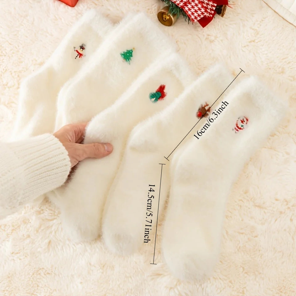 Christmas Stockings - Women's White Fuzzy Embroidered Festive Socks - Warm Thickened Velvet Hand Washable