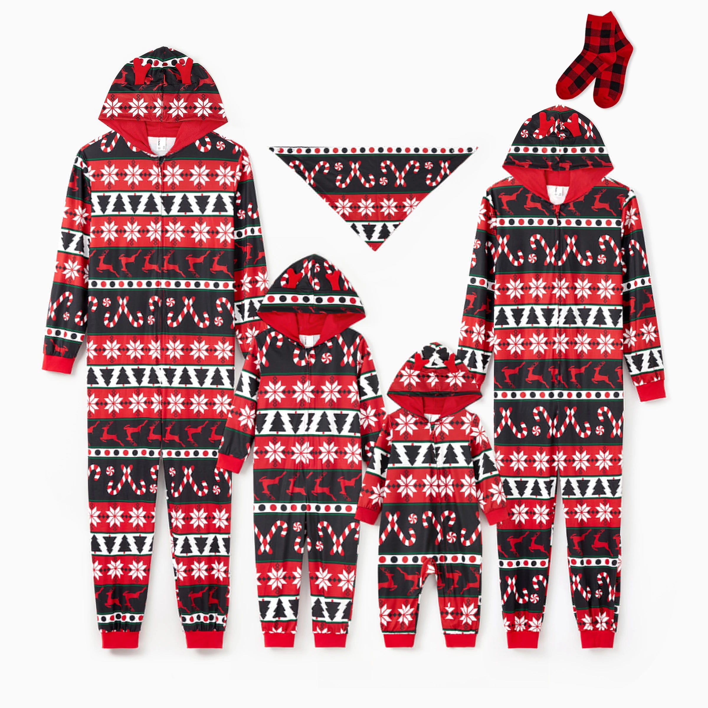 PatPat Christmas Pajamas 3D Reindeer Pattern Zipper Hooded Onesies Matching Family Outfits