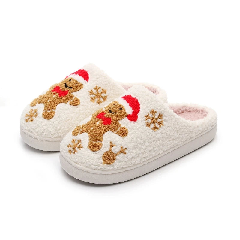 Christmas Women Warm Fashion Slippers Men Cute Santa Claus Embroidery Pattern Slides Couples Furry Sandals Family Plush Shoes