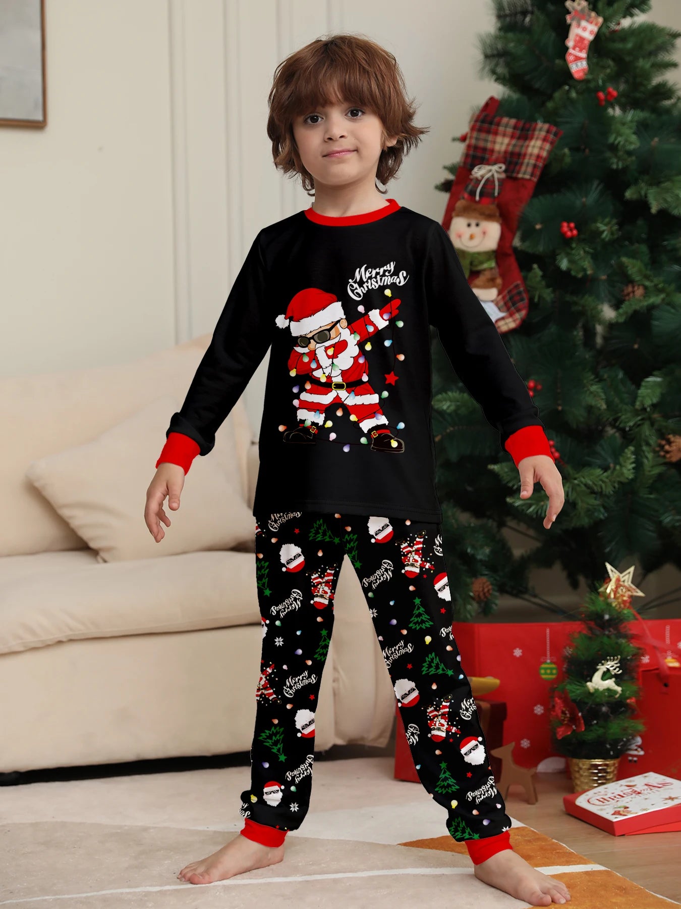 Family Matching Christmas Pajamas Set with Santa Claus Print, Festive Xmas Loungewear