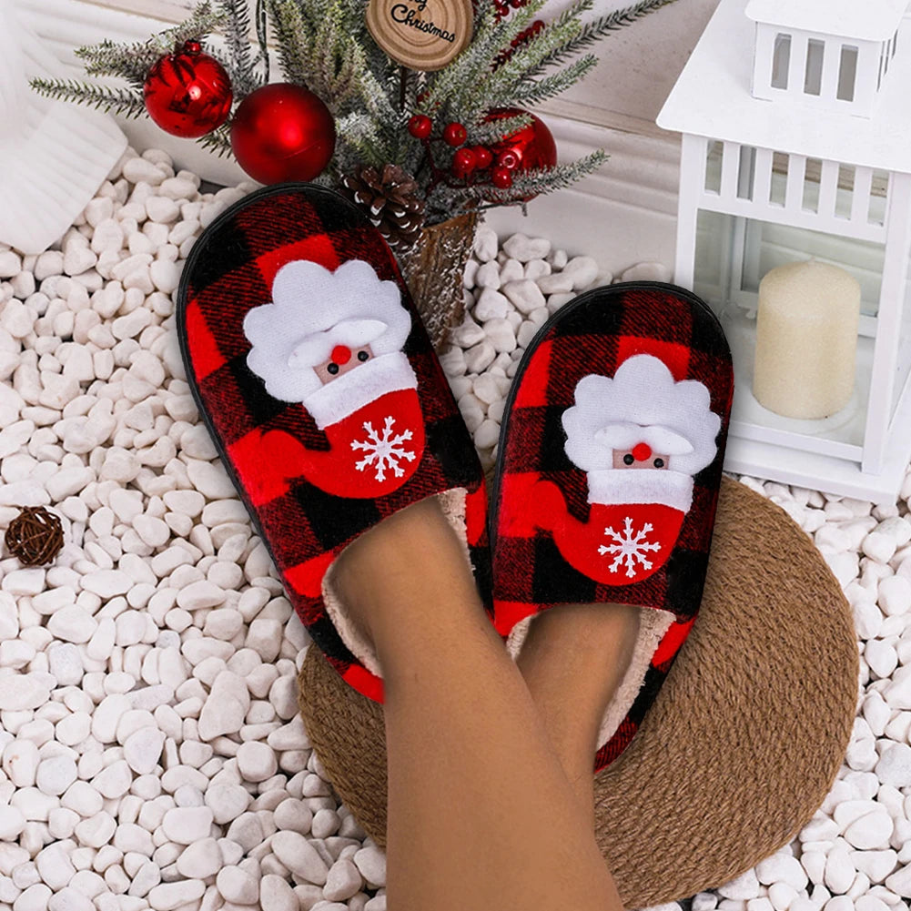 Christmas Furry Slippers Flat Santa Claus Plush Closed Toe Slippers Anti Slip Plush Slip-on House Shoes Plaid Household Supplies