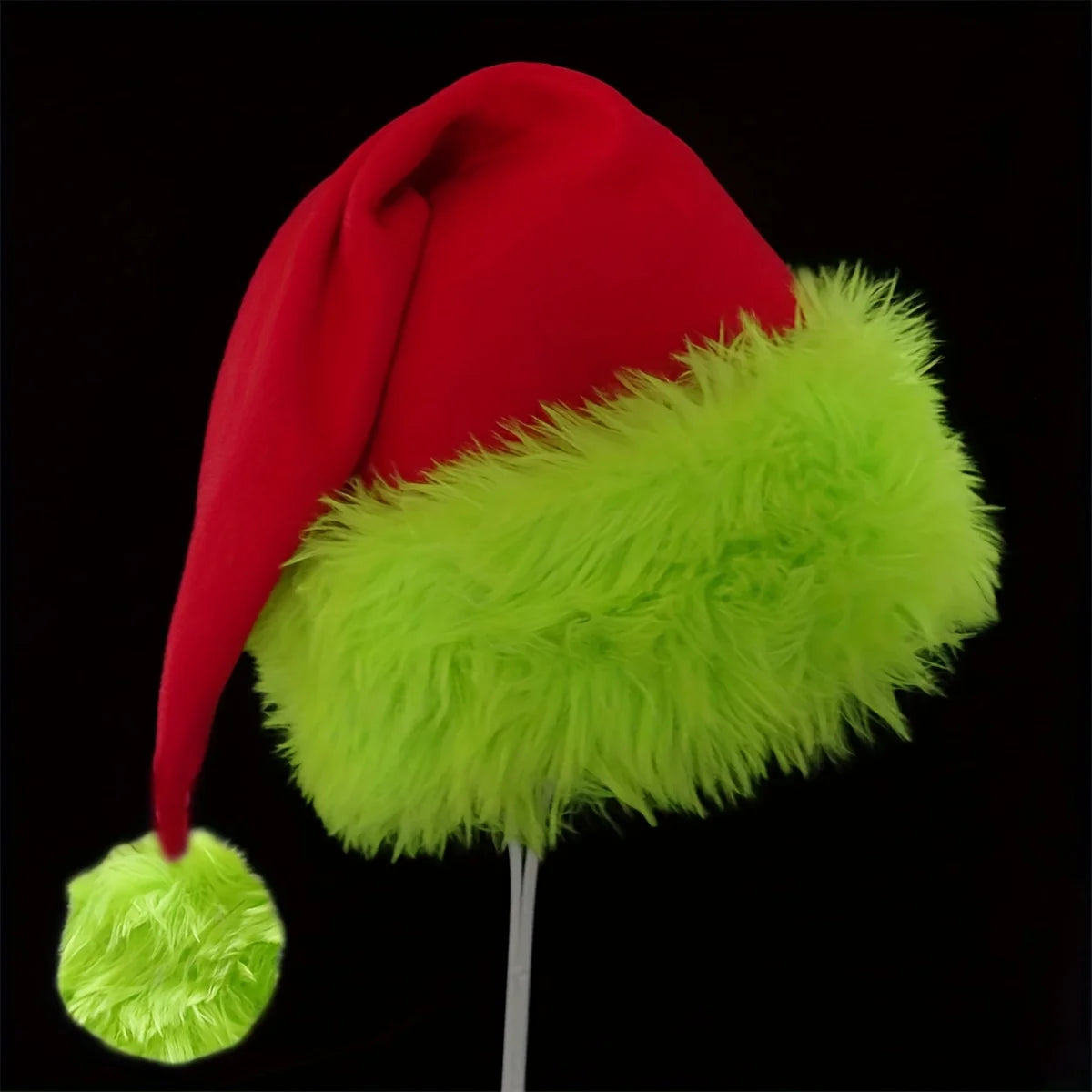 Grinch Christmas Santa Hat, Red & Neon Green Furry Trim Santa Hat, Festive Xmas Party Headwear Accessory for Adults