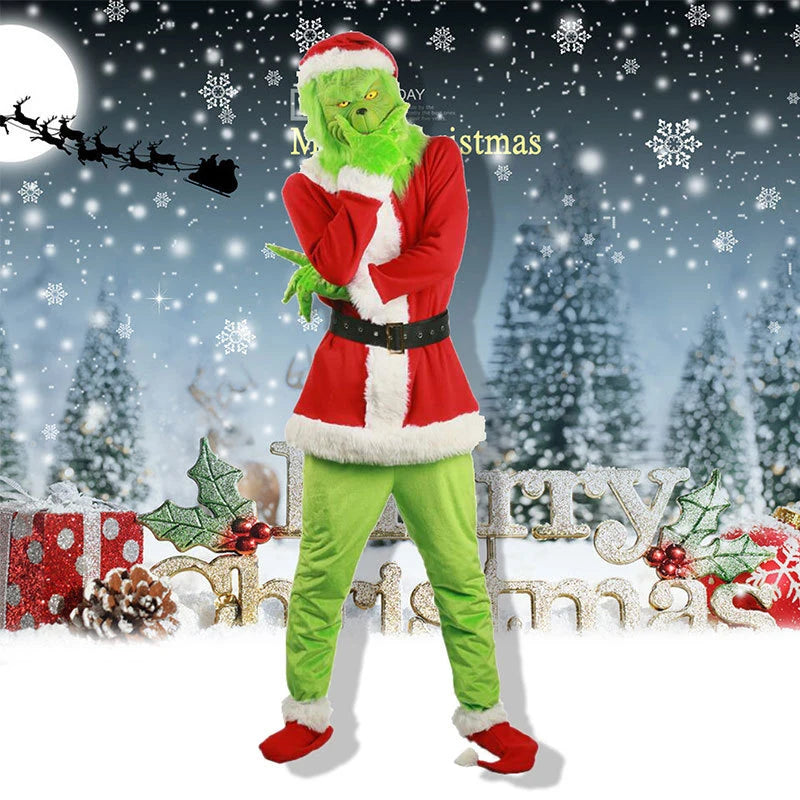 Grinch Christmas Costume for Adults Green Fleece Santa Suit with Red White Trim Festive Holiday Party Outfit Cosplay Full Set