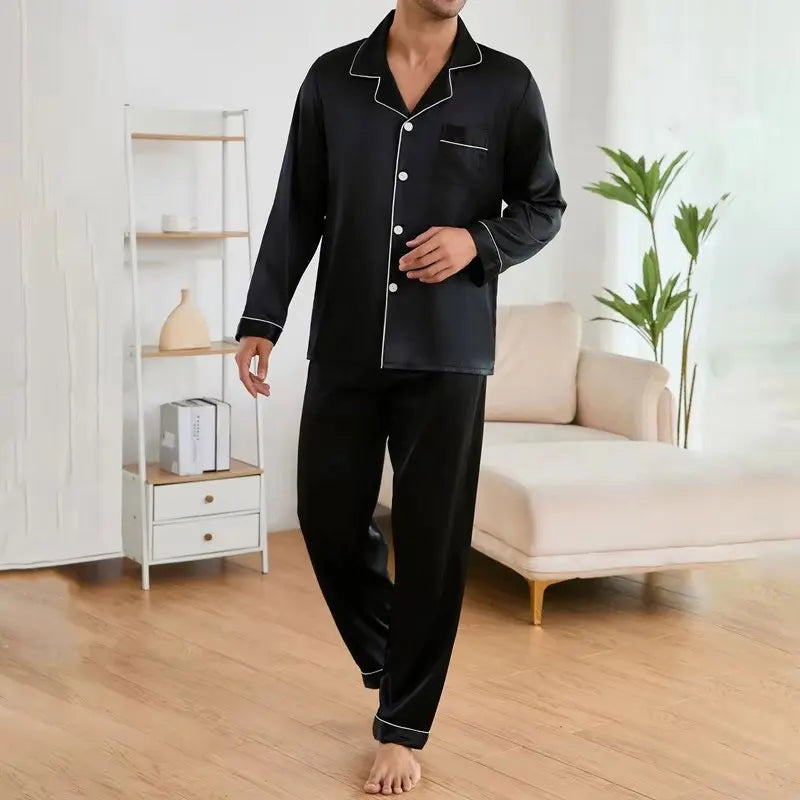 Men's Satin Pajama Set Linter Lapel Collar Long Sleeve Tops & Pants Sleepwear Button Down Loungewear Christmas Pyjama For Man