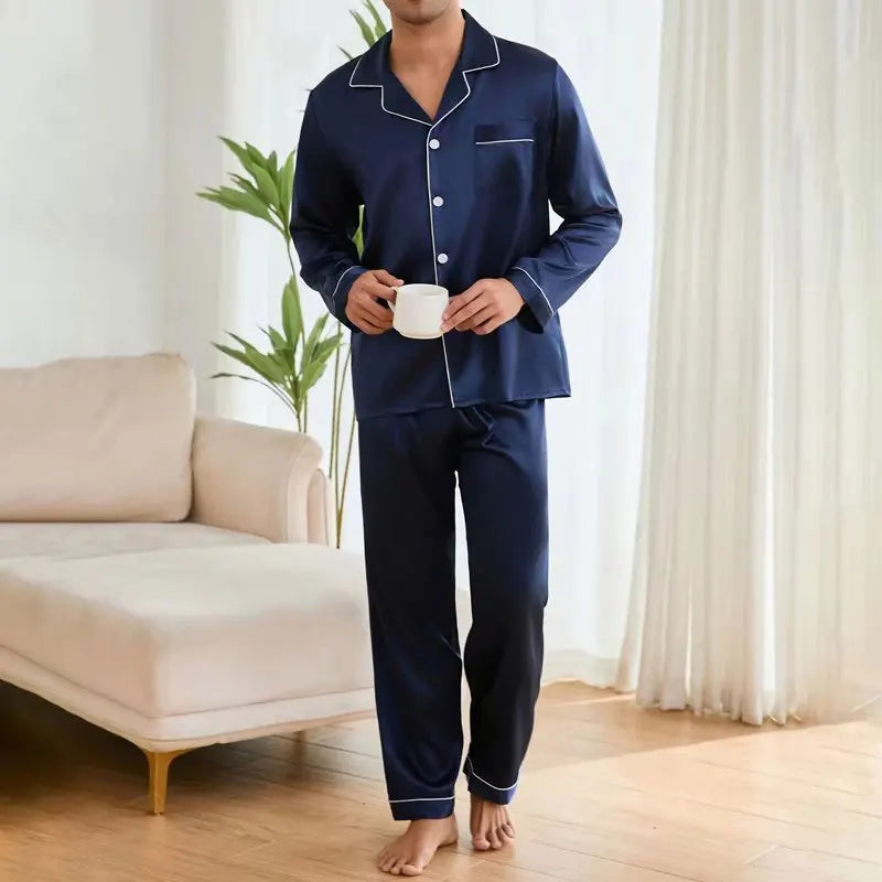 Men's Satin Pajama Set Linter Lapel Collar Long Sleeve Tops & Pants Sleepwear Button Down Loungewear Christmas Pyjama For Man