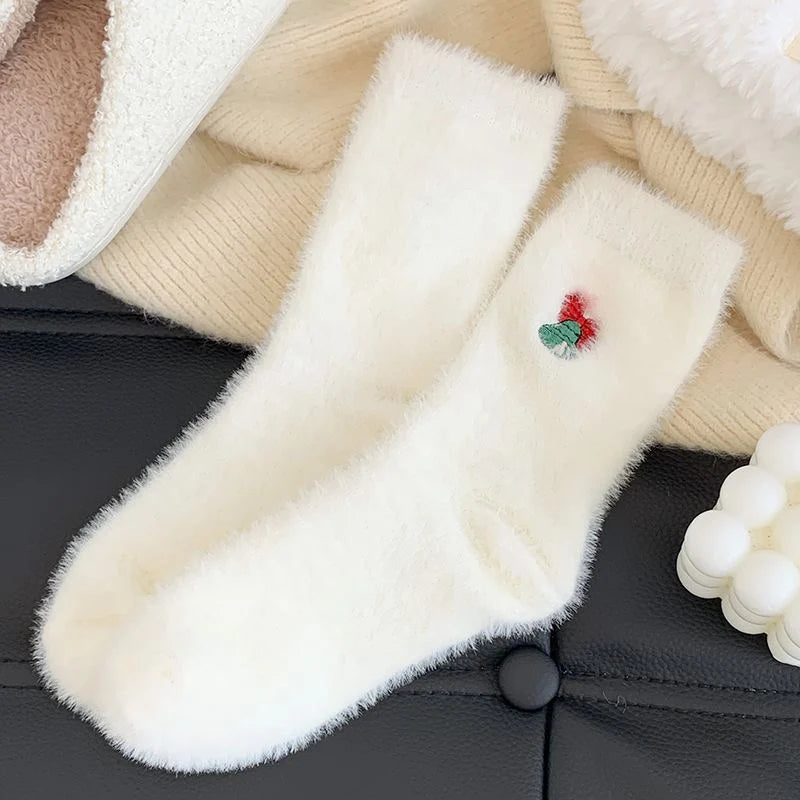 Christmas Stockings - Women's White Fuzzy Embroidered Festive Socks - Warm Thickened Velvet Hand Washable