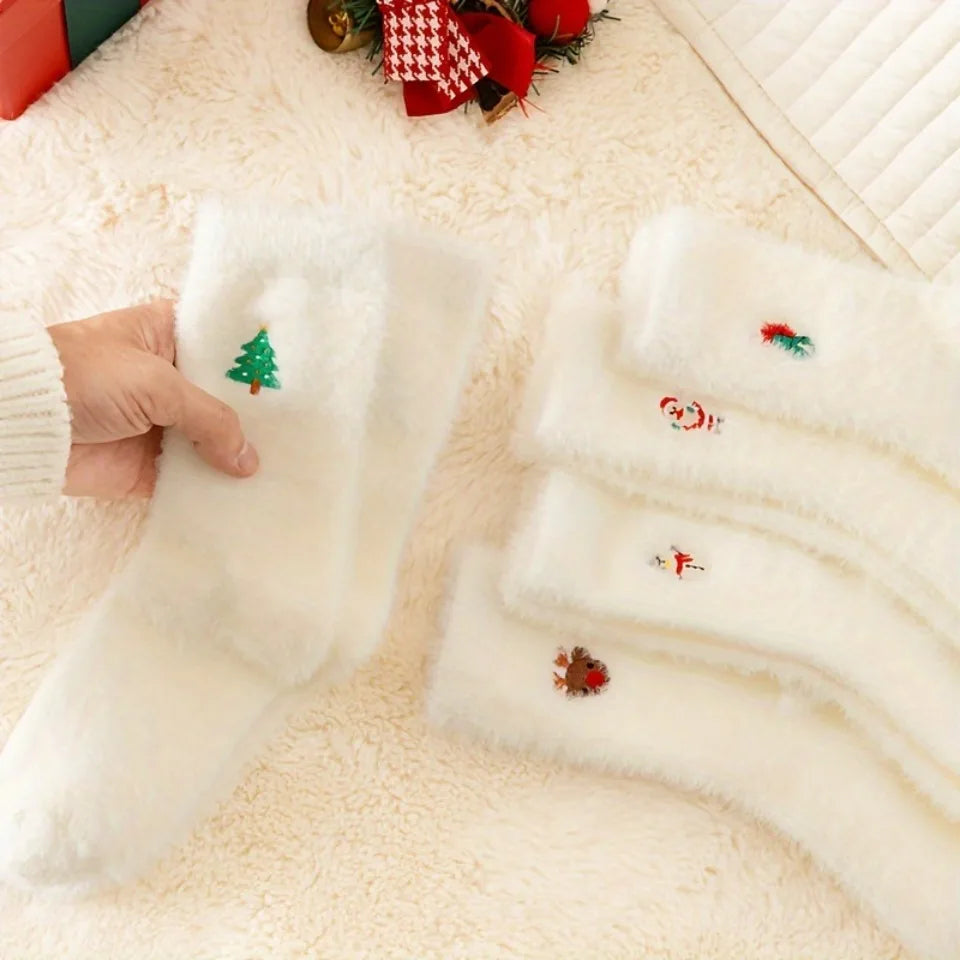 Christmas Stockings - Women's White Fuzzy Embroidered Festive Socks - Warm Thickened Velvet Hand Washable